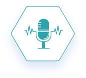 hexagon shaped podcast logo with a blue outline of a microphone